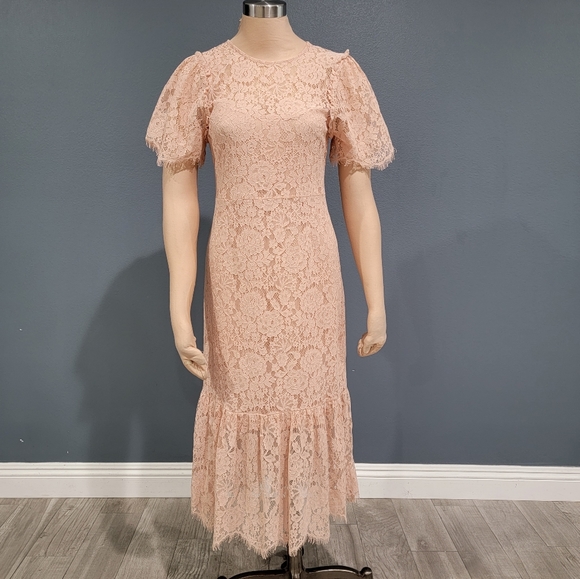 Zara Dresses Zara Blush Pink Lace Midi Ruffle Hem Midi Dress L